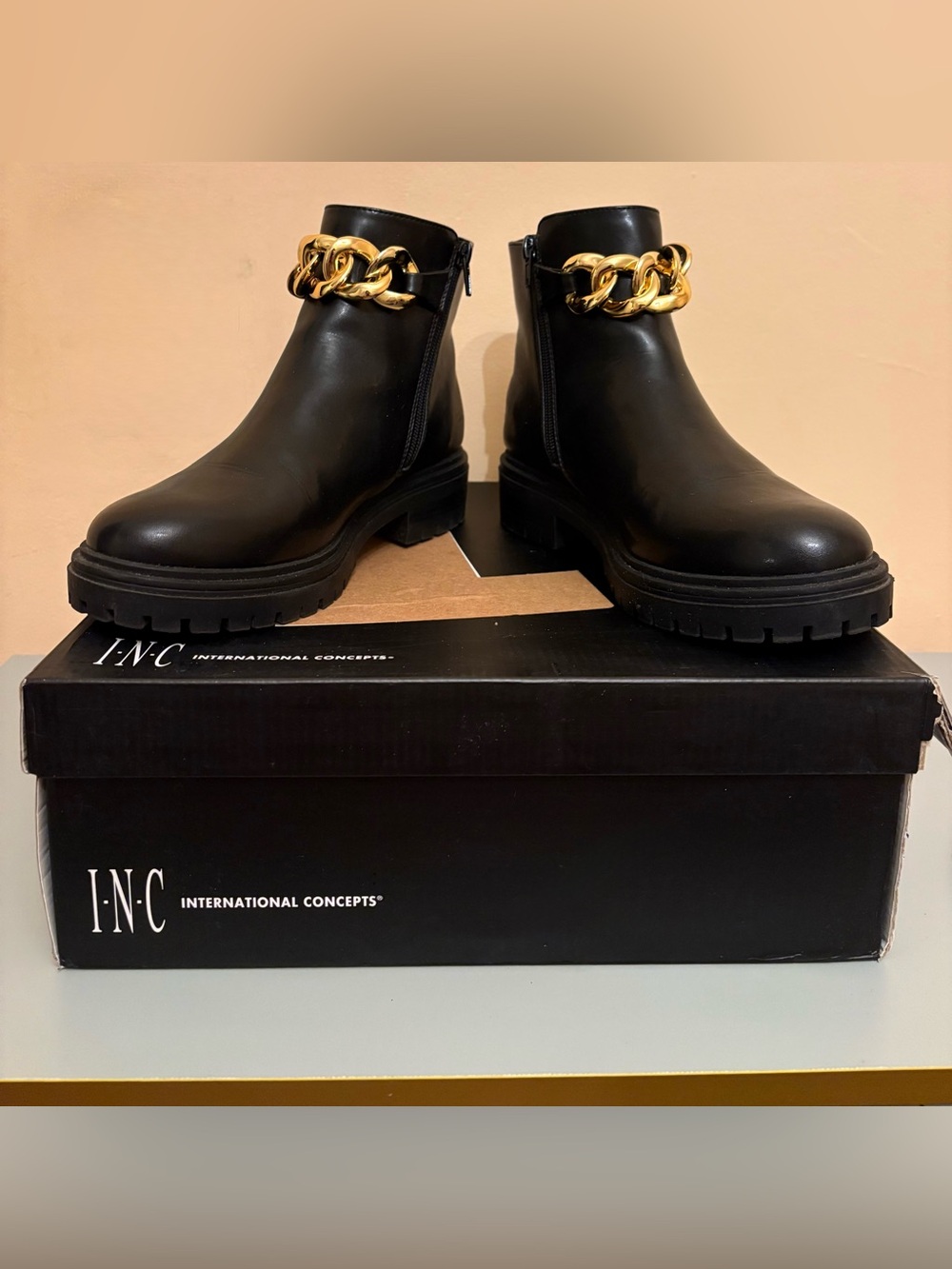 INC International Concepts Basia Black Ankle Boots with Gold Chain Accent